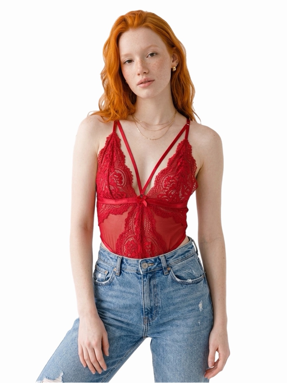 90s/Y2K European Vintage Hunkemöller Lace/Mesh Strappy Bodysuit (Red) Size M/L
